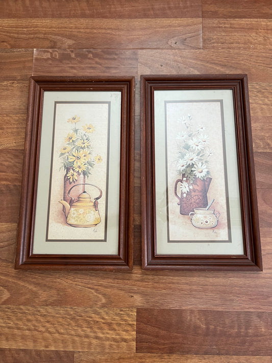 Set of 2 Flower and Tea Kettle Pictures