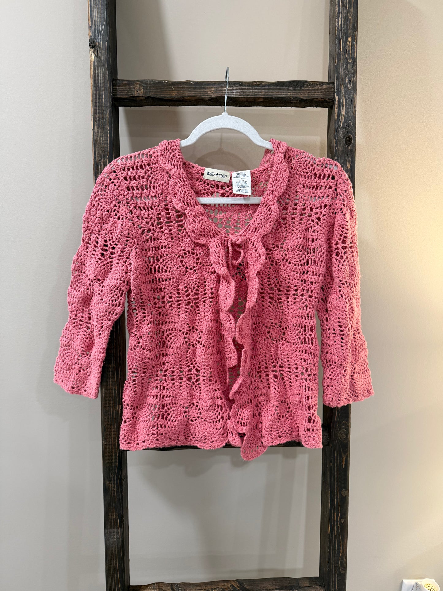 Size Large White Stag Pink Crochet Cardigan with Ruffle Trim &amp; Front Tie