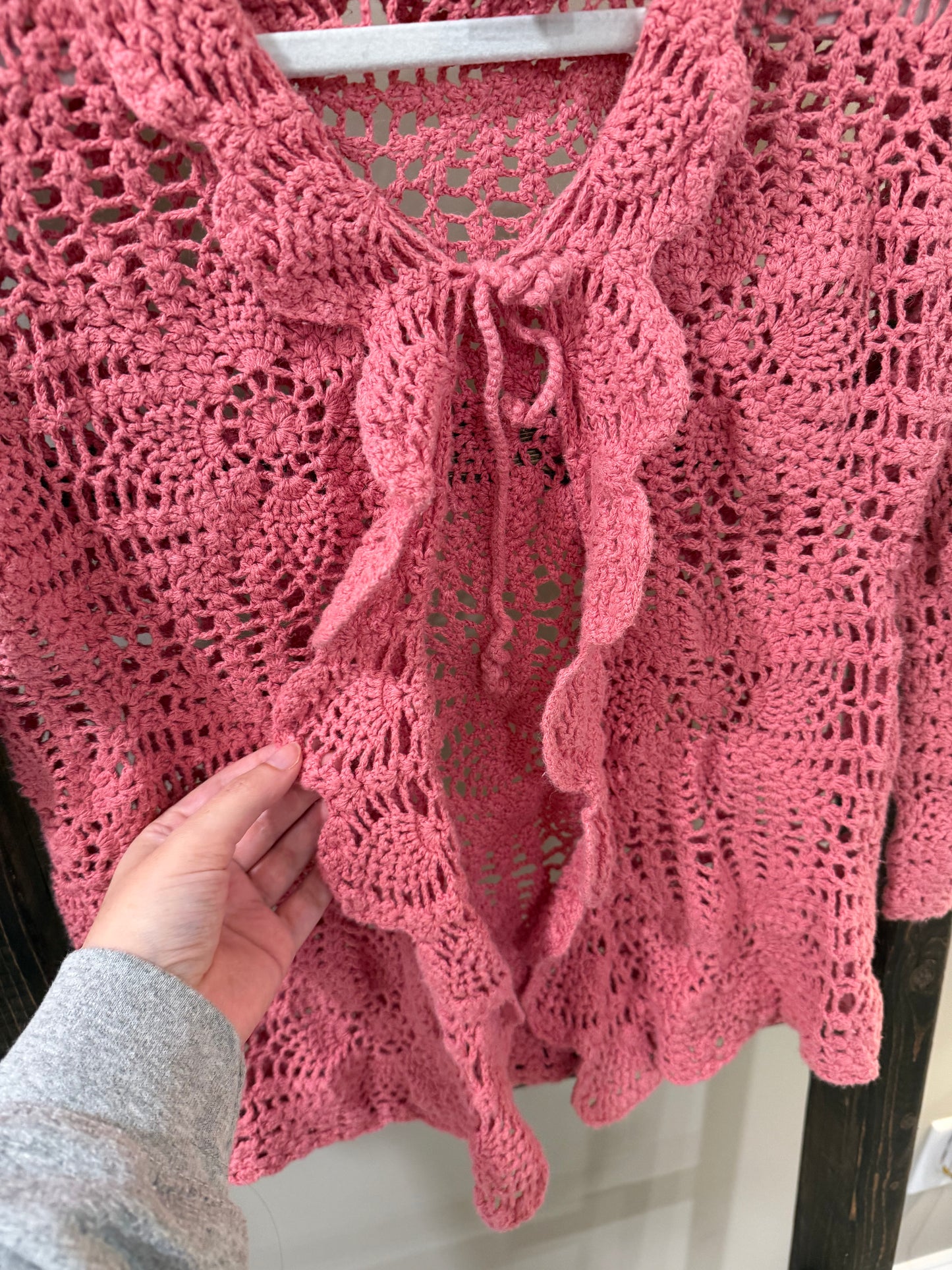 Size Large White Stag Pink Crochet Cardigan with Ruffle Trim &amp; Front Tie