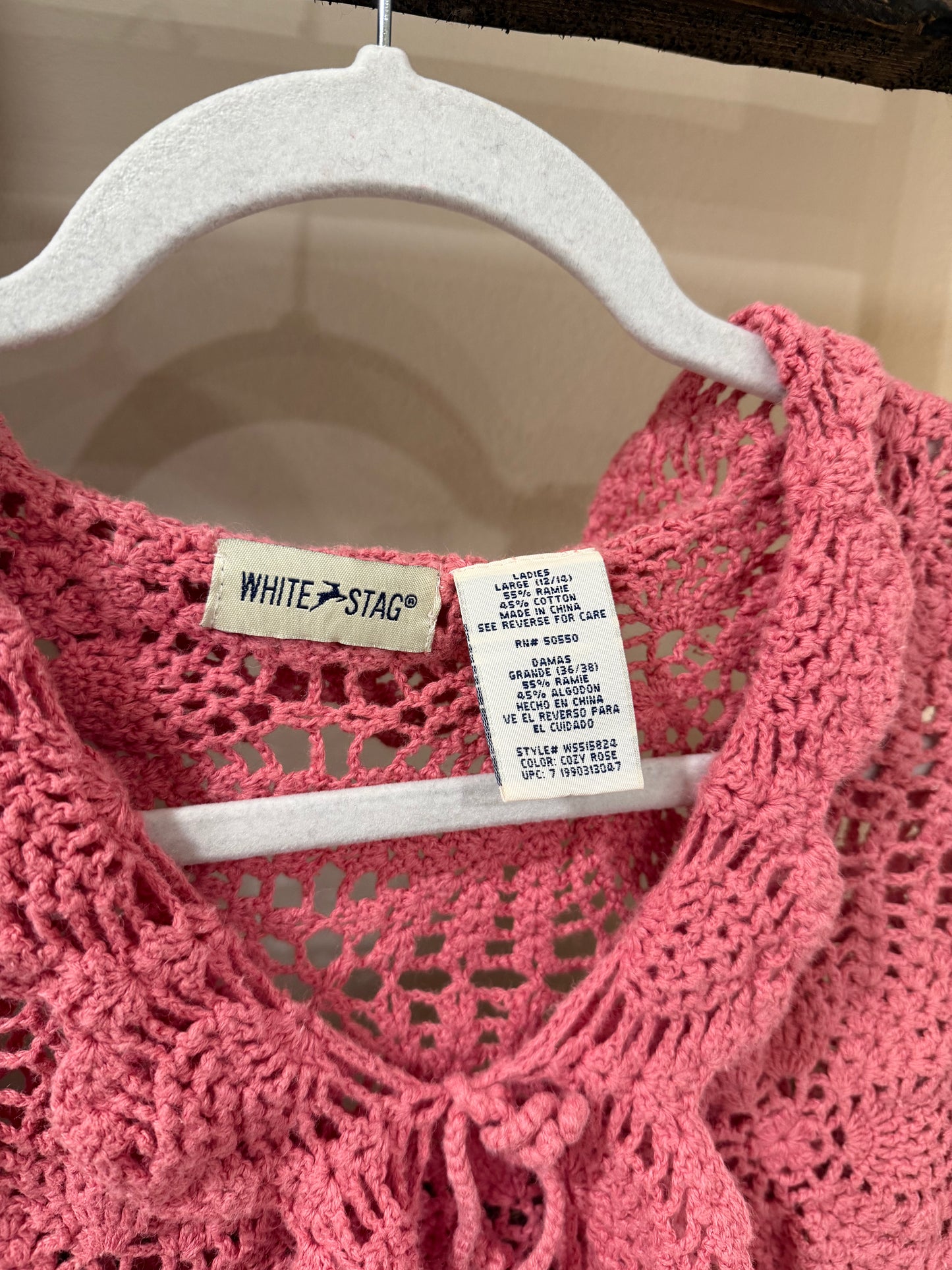 Size Large White Stag Pink Crochet Cardigan with Ruffle Trim &amp; Front Tie