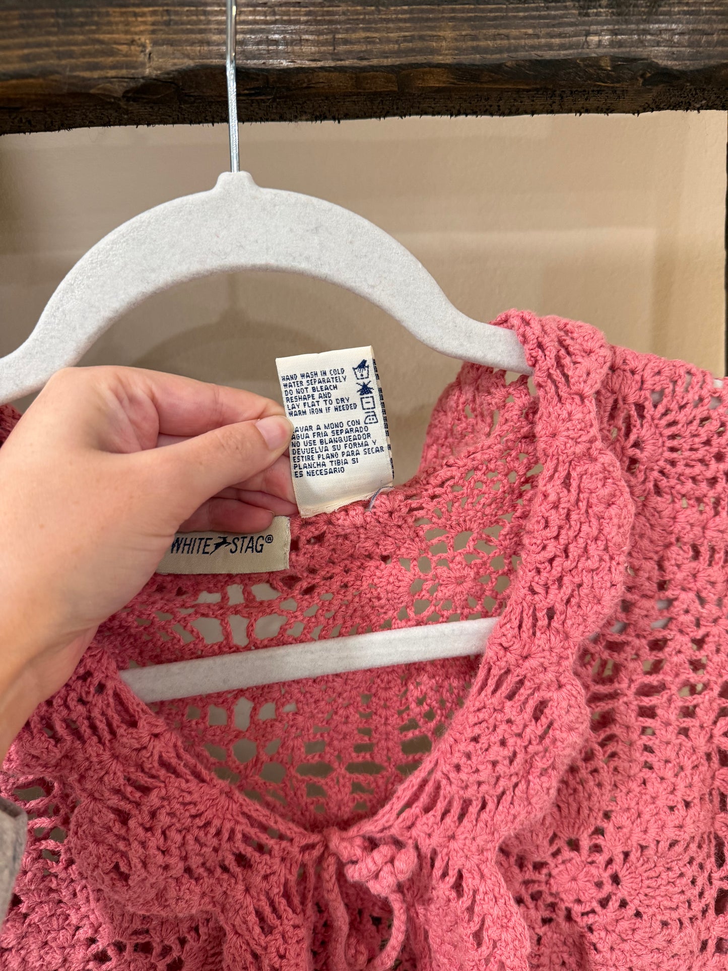 Size Large White Stag Pink Crochet Cardigan with Ruffle Trim &amp; Front Tie