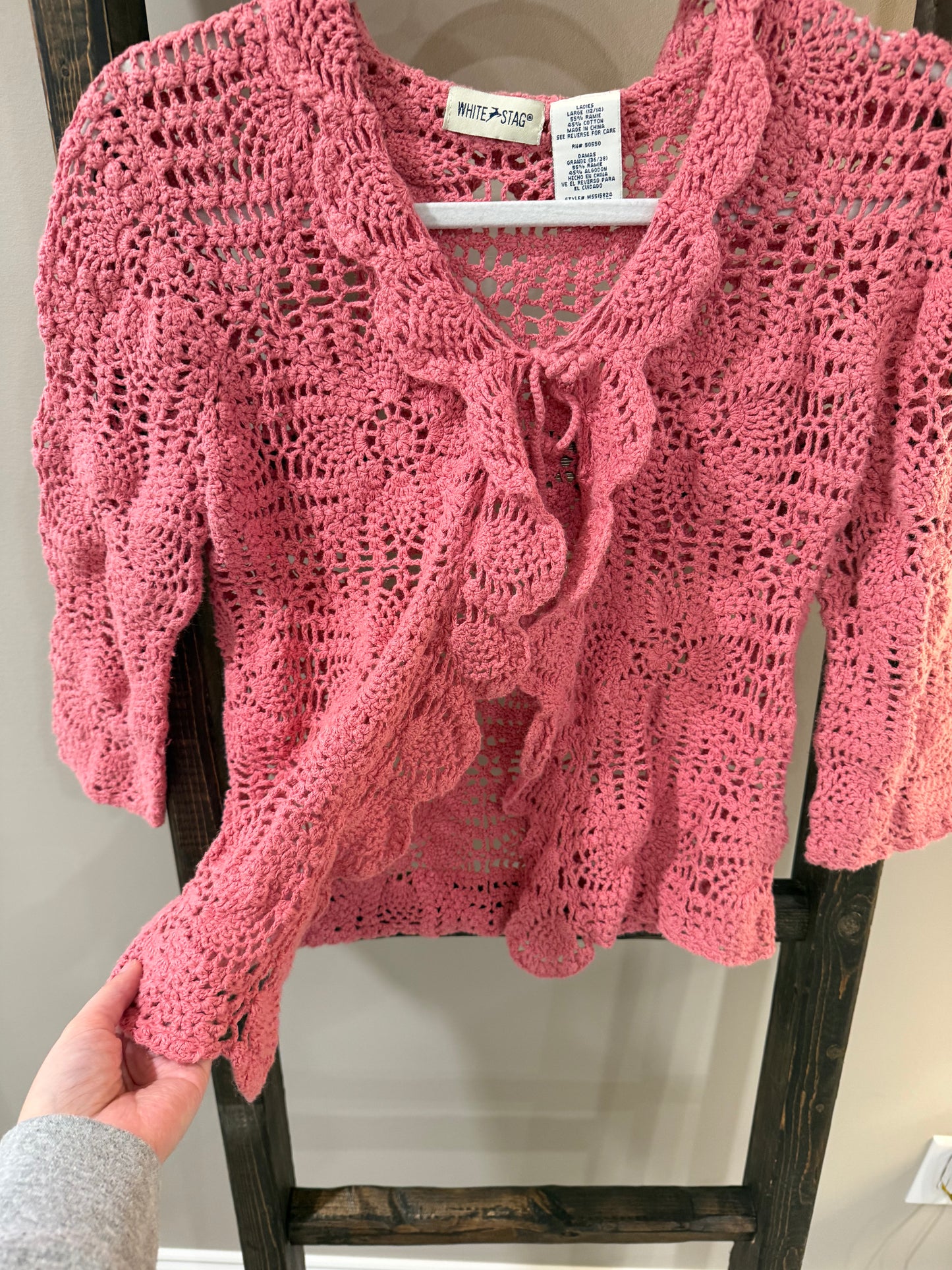 Size Large White Stag Pink Crochet Cardigan with Ruffle Trim &amp; Front Tie