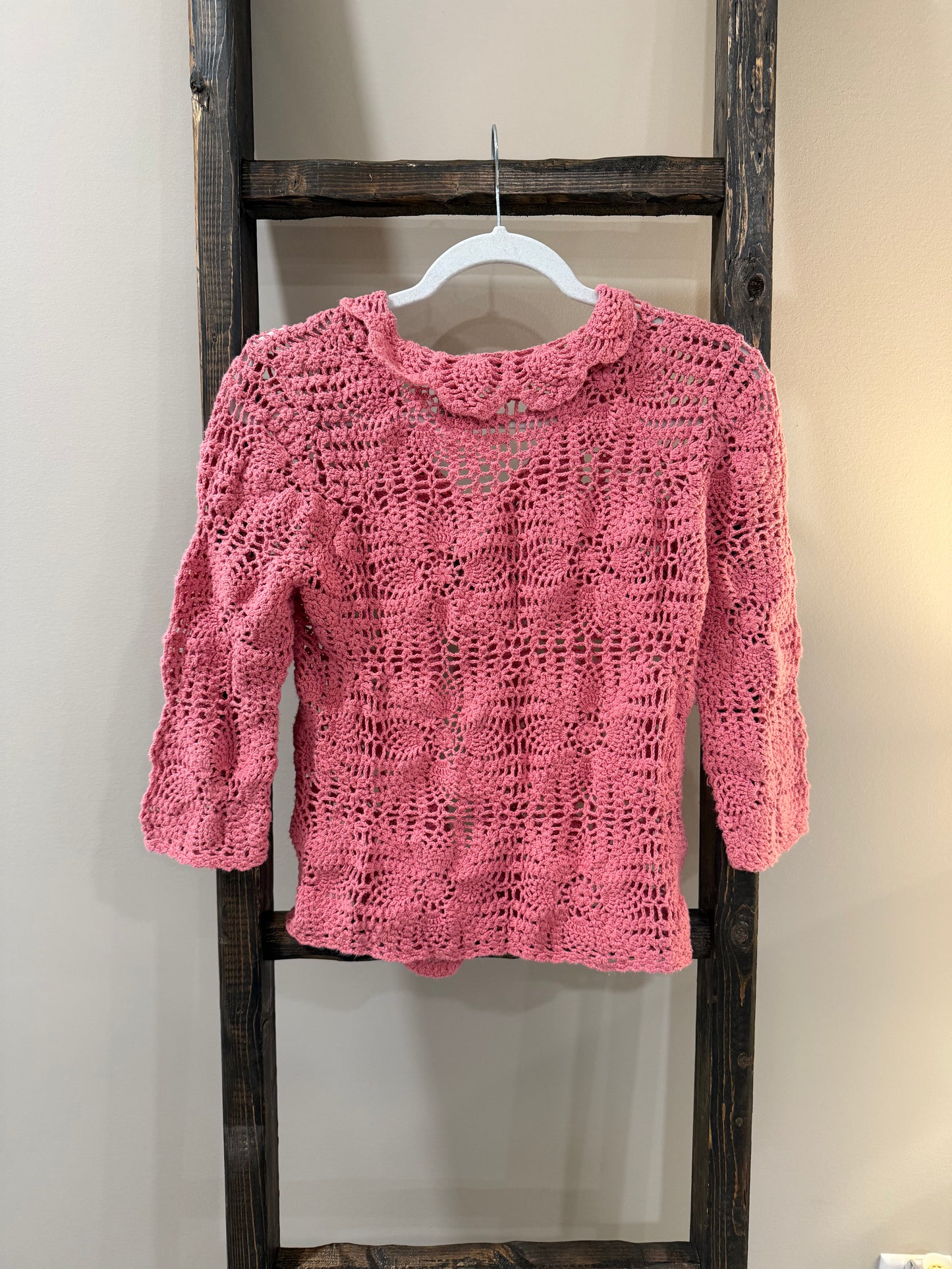 Size Large White Stag Pink Crochet Cardigan with Ruffle Trim &amp; Front Tie