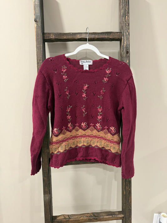 Size Medium Vintage Gina Peter’s Maroon Delicate Embroidered Floral Sweater