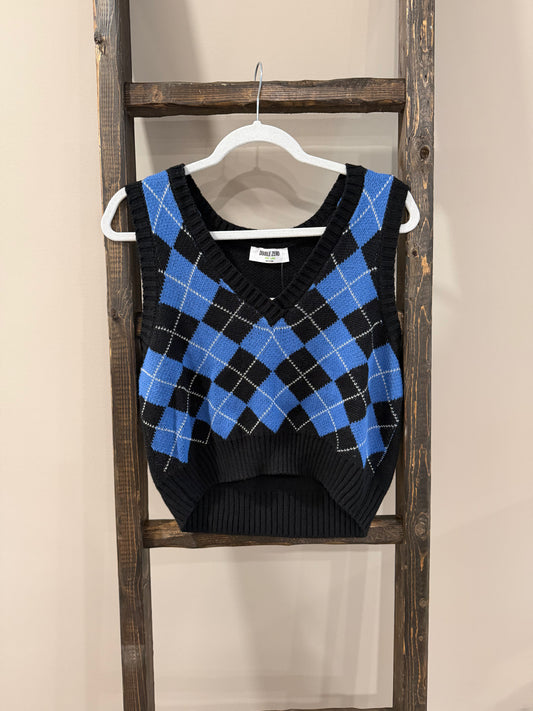 Size Large NWT Double Zero Black & Blue Argyle Cropped Sweater Vest