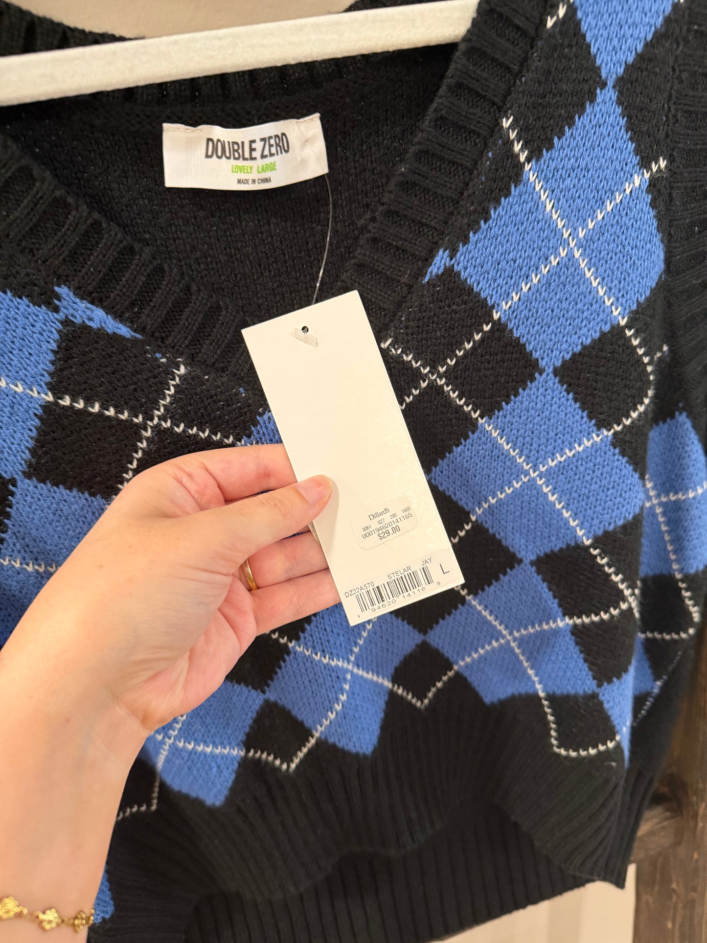 Size Large NWT Double Zero Black & Blue Argyle Cropped Sweater Vest
