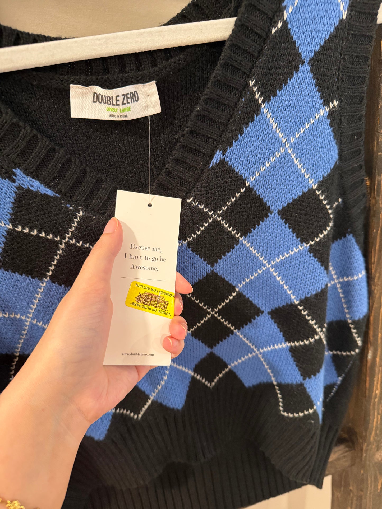 Size Large NWT Double Zero Black & Blue Argyle Cropped Sweater Vest