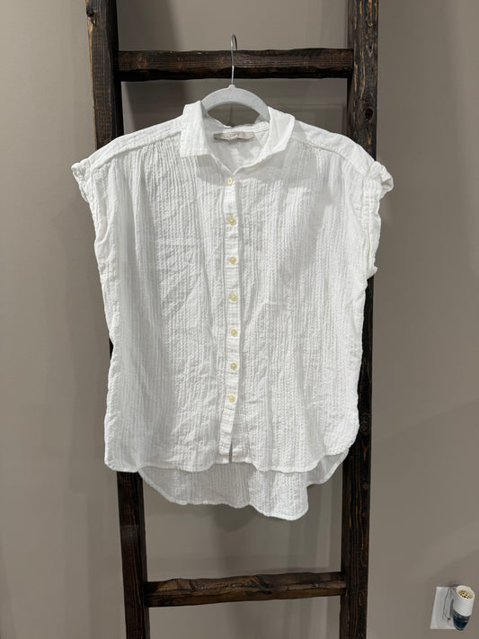 Size Small LOFT White Button Up Blouse With Ruffles &amp; Subtle Verticle Pleating