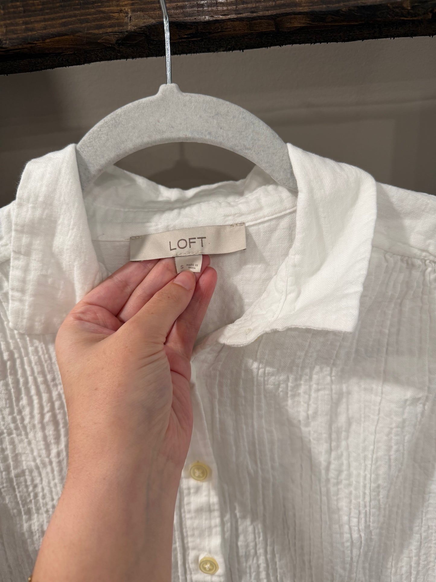 Size Small LOFT White Button Up Blouse With Ruffles &amp; Subtle Verticle Pleating