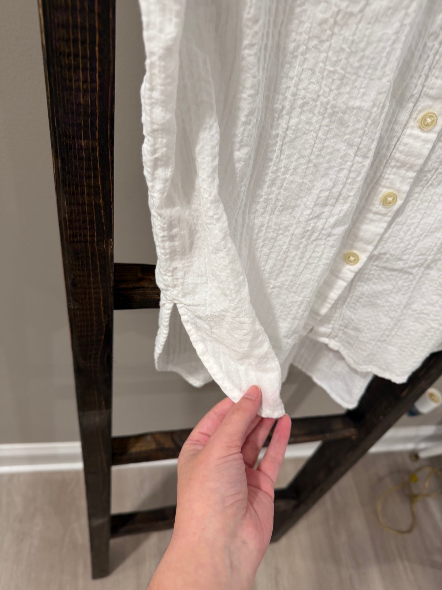 Size Small LOFT White Button Up Blouse With Ruffles &amp; Subtle Verticle Pleating
